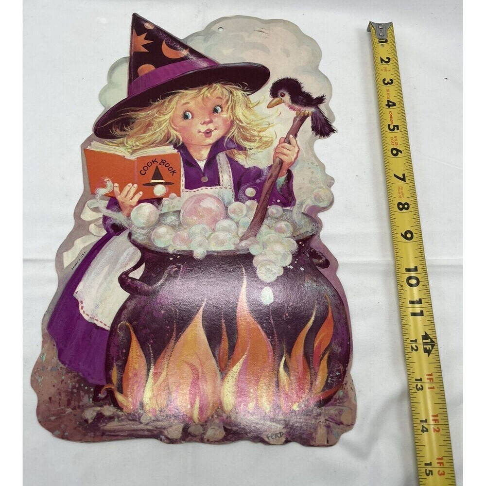 Vintage Halloween Die Cut Decoration Witch Cooking Cookbook Bird Cauldron USA - Picture 8 of 8